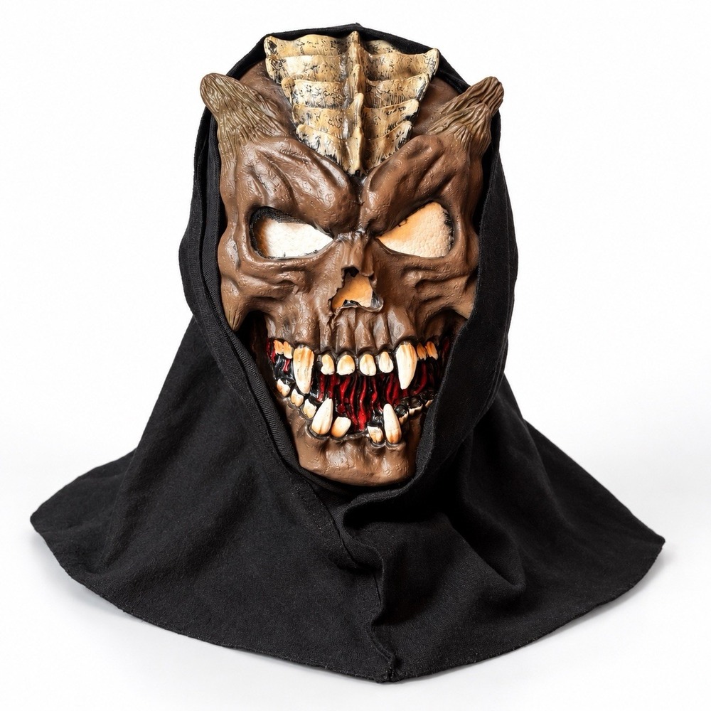Vintage Halloween Demon Skull Mask Hood Horror Costume Brown Fangs Adult